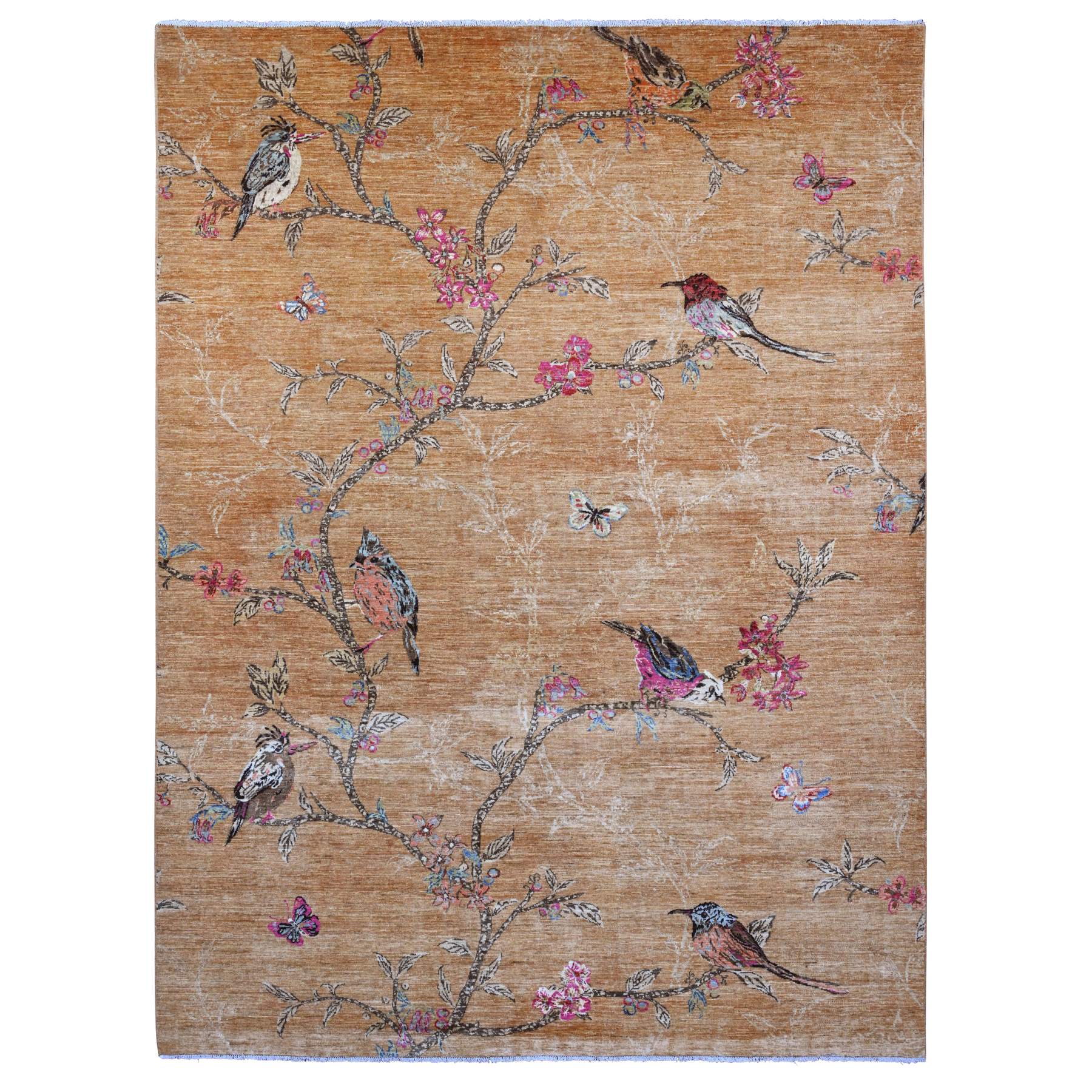 9'x12' Copper Brown, Sparrows on the Tree, Peshawar, 100% Soft Wool, Hand Knotted, Oriental Rug 